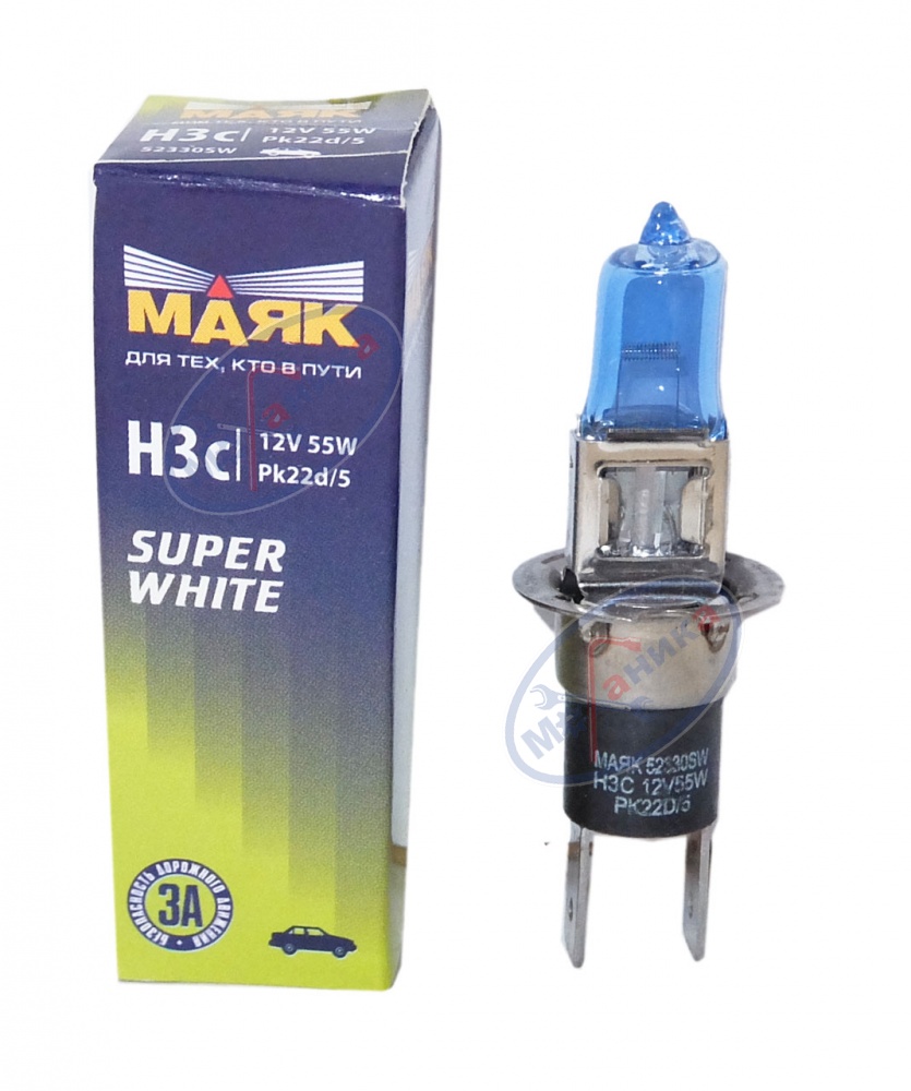 Лампа галог H3 12V100W (Маяк) SUPER WHITE 52330SW