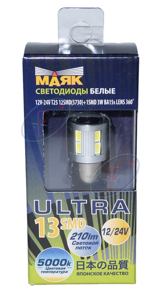 Светодиод 12V Т25 (Маяк) WHITE (габарит, стоп) 12+1SMD ВА15s 210Lm 12T25/A-21